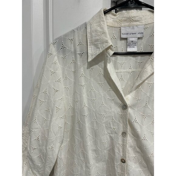 Susan Graver White Eyelet Button Down Shirt Ruched Sleeves Scalloped Hem Sz M - Picture 4 of 8